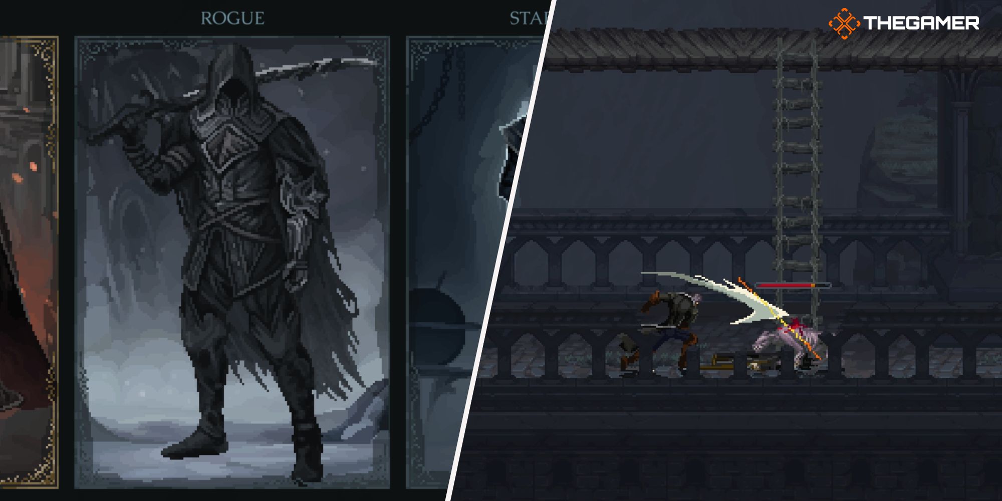 Left: Rogue Class - Right: Player attacking an enemy with a sword the Last Faith