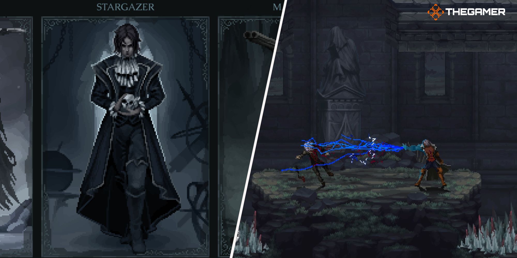 Left: Stargazer class - Right: Player casting a lightning spell on an enemy the Last Faith