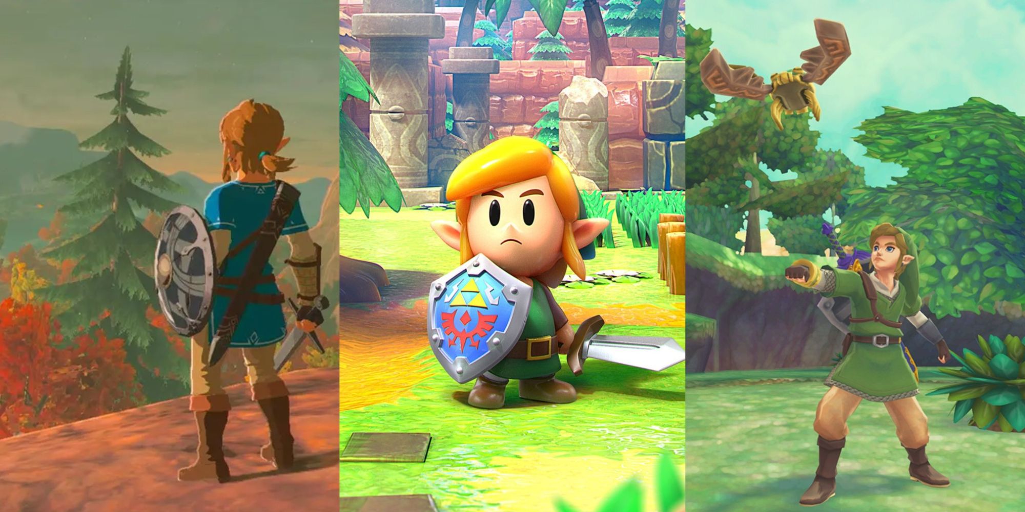 Legend Of Zelda Games Featured Split Image Breath of The Wild, Link's Awakening, and Skyward Sword