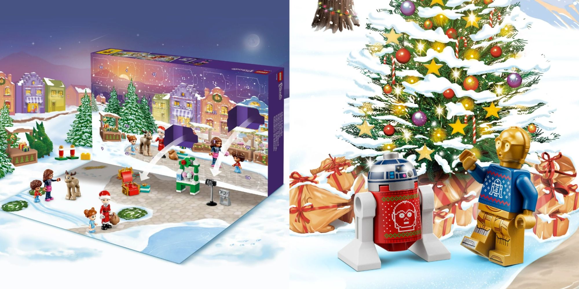 Lego Advent Calendars Featured Split Image Lego Friends Calendar And Star Wars Droids By Christmas Tree
