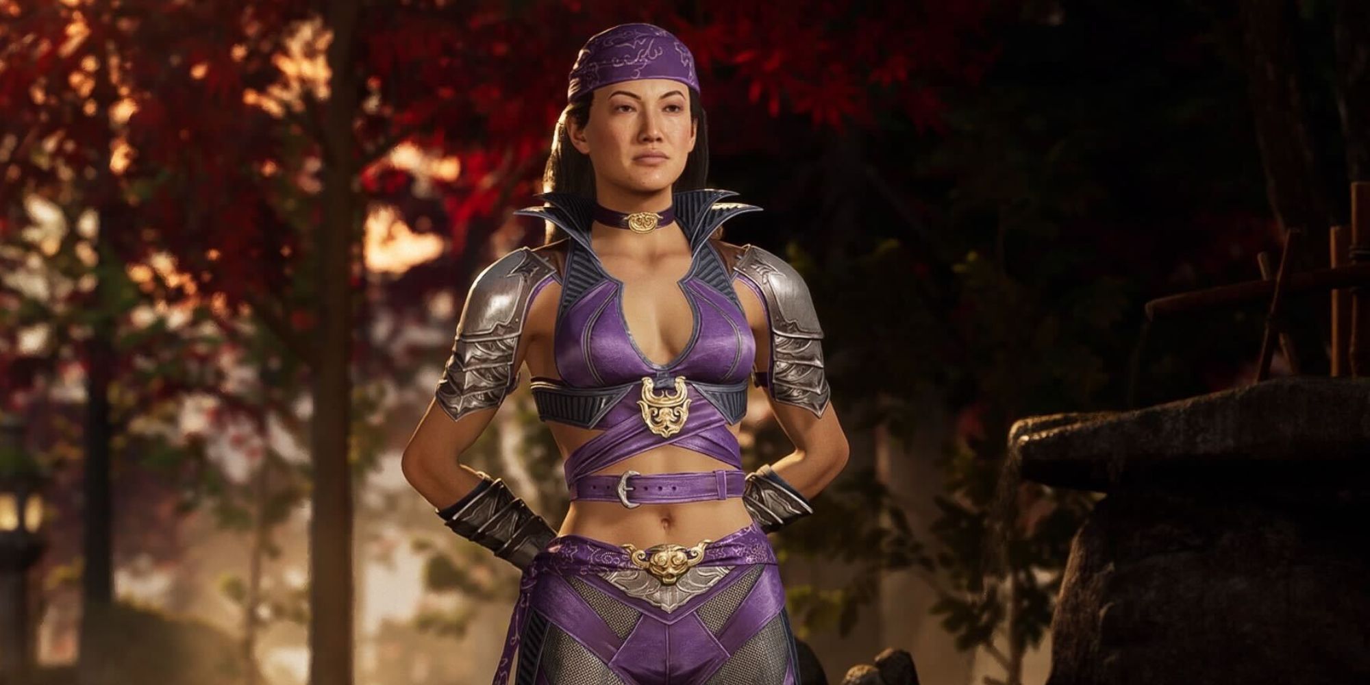 Li Mei's new skin in Mortal Kombat 11. It's purple and more revealing, but also gives her light shoulder armour