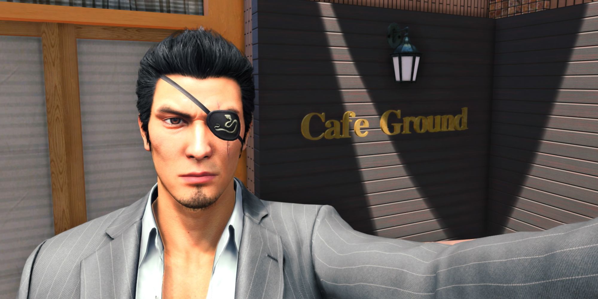 Like A Dragon Gaiden, Find The Cute Cafe, Kiryu taking a selfie in front of the cafe