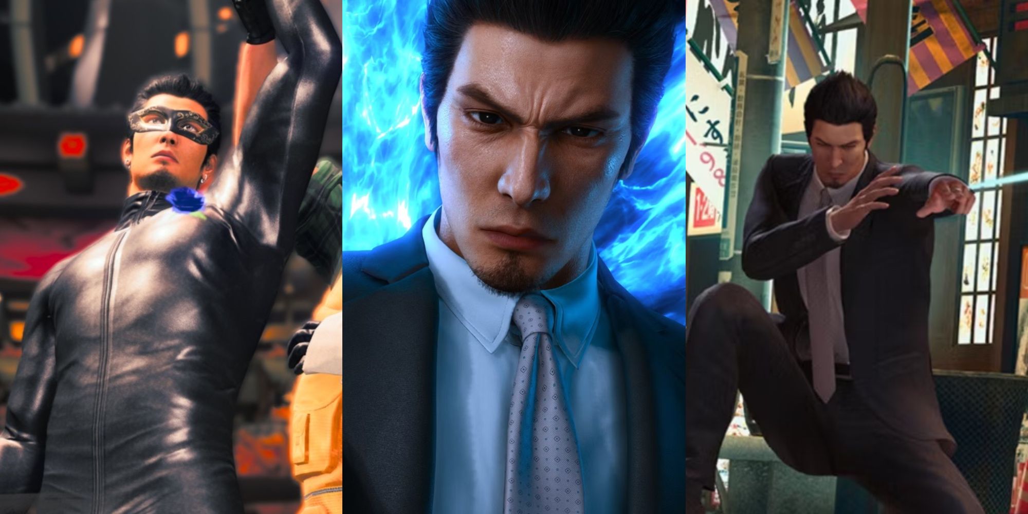 A split image of Kiryu in the Coliseum, playing Mahjong, and using the Spider Gadget in Like A Dragon Gaiden: The Man Who Erased His Name.
