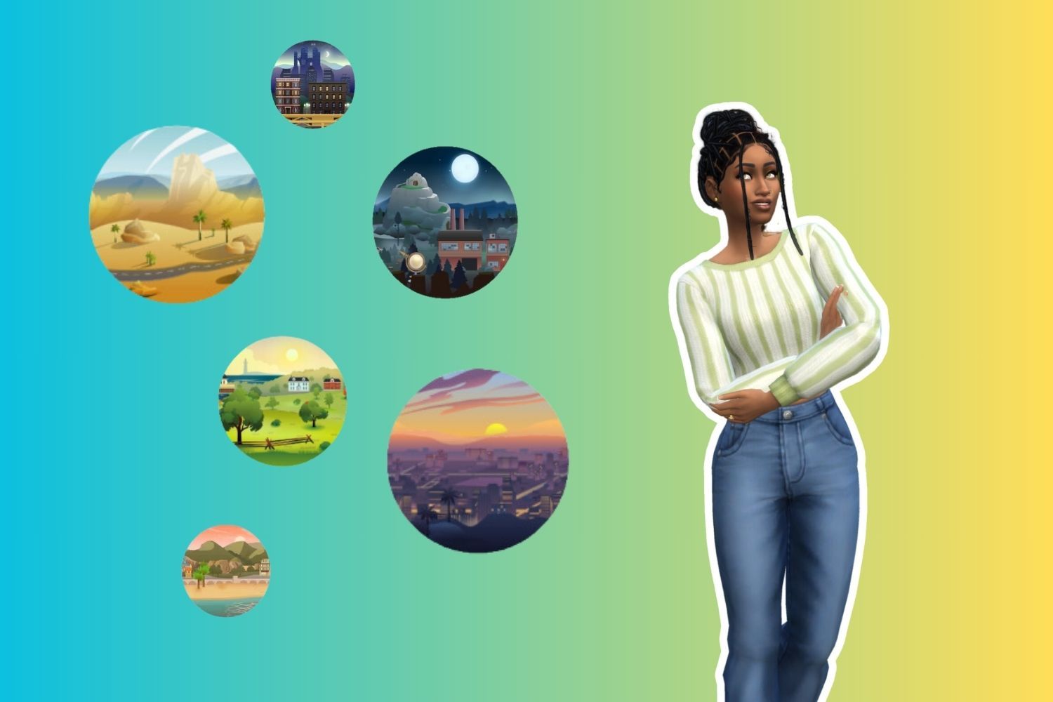 A dark-haired feminine Sim stands against a blue/green ombre background, looking over at icons representing different lands in The Sims 4.