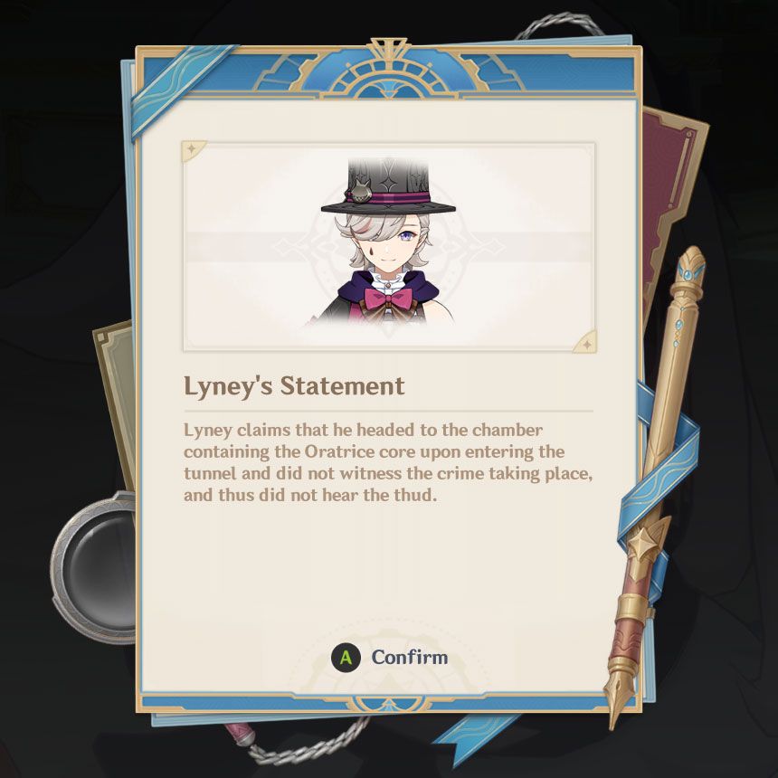 An image depicting a notebook page with key information about Lyney's Statement, a clue in Lyney's case in Genshin Impact.