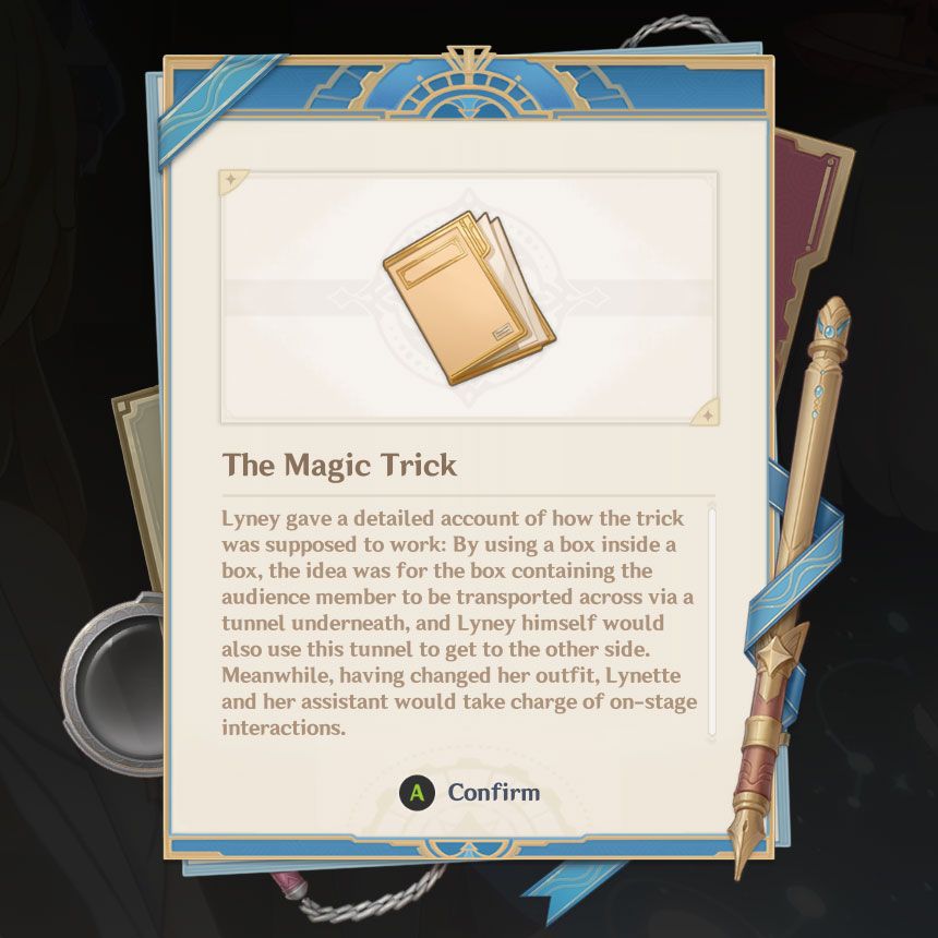 An image depicting a notebook page with key information about the Magic Trick, a clue in Lyney's case in Genshin Impact.