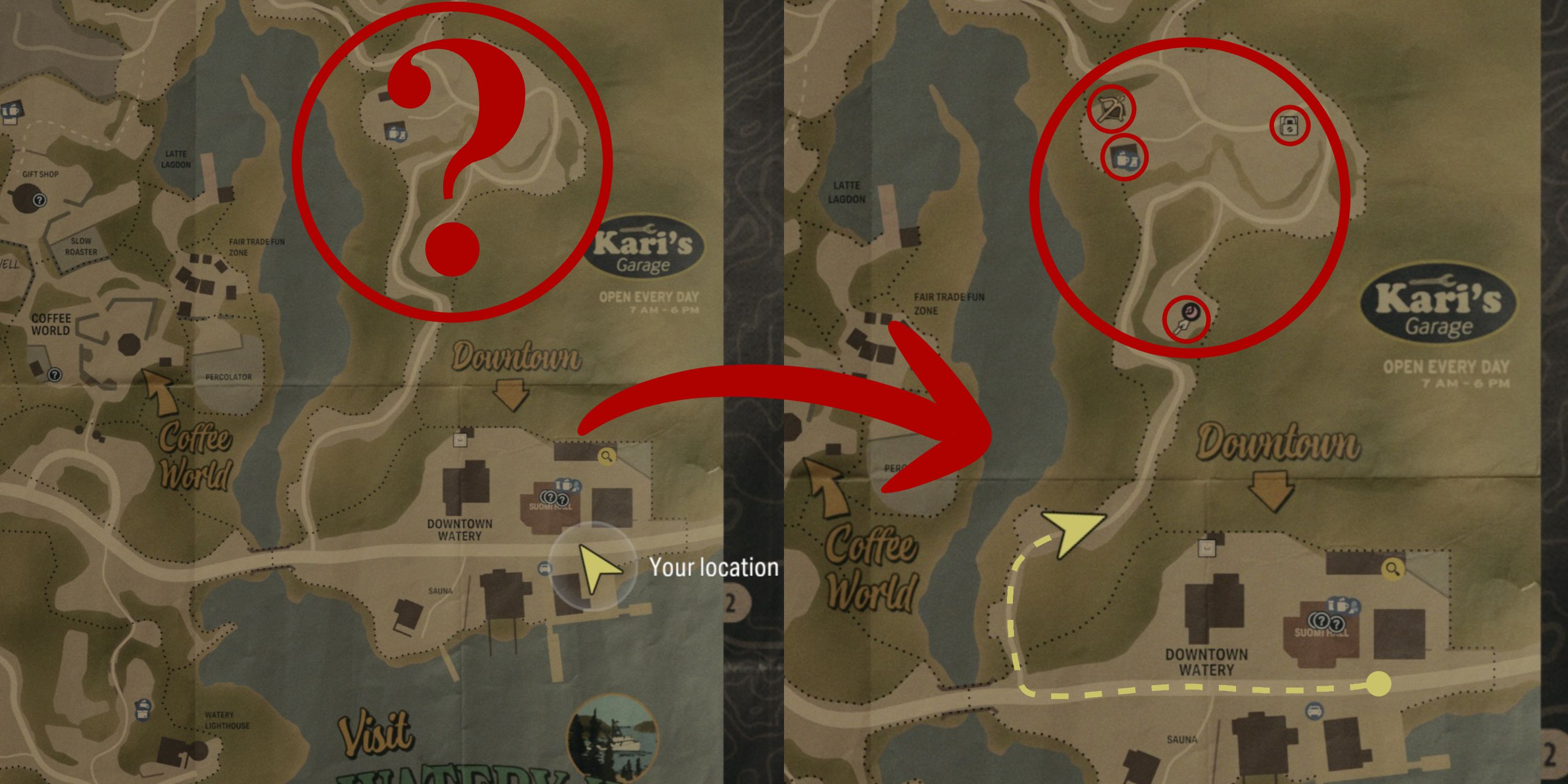 A side-by-side comparison of of a section of Watery's map, as viewed with the Mayor Setter Charm equipped. Left: When you check your map near Suomi Hall, where most of the collectibles are cleared. Right: Checking the map whole being north-west of Suomi Hall, the charm reveals objects north of the town.
