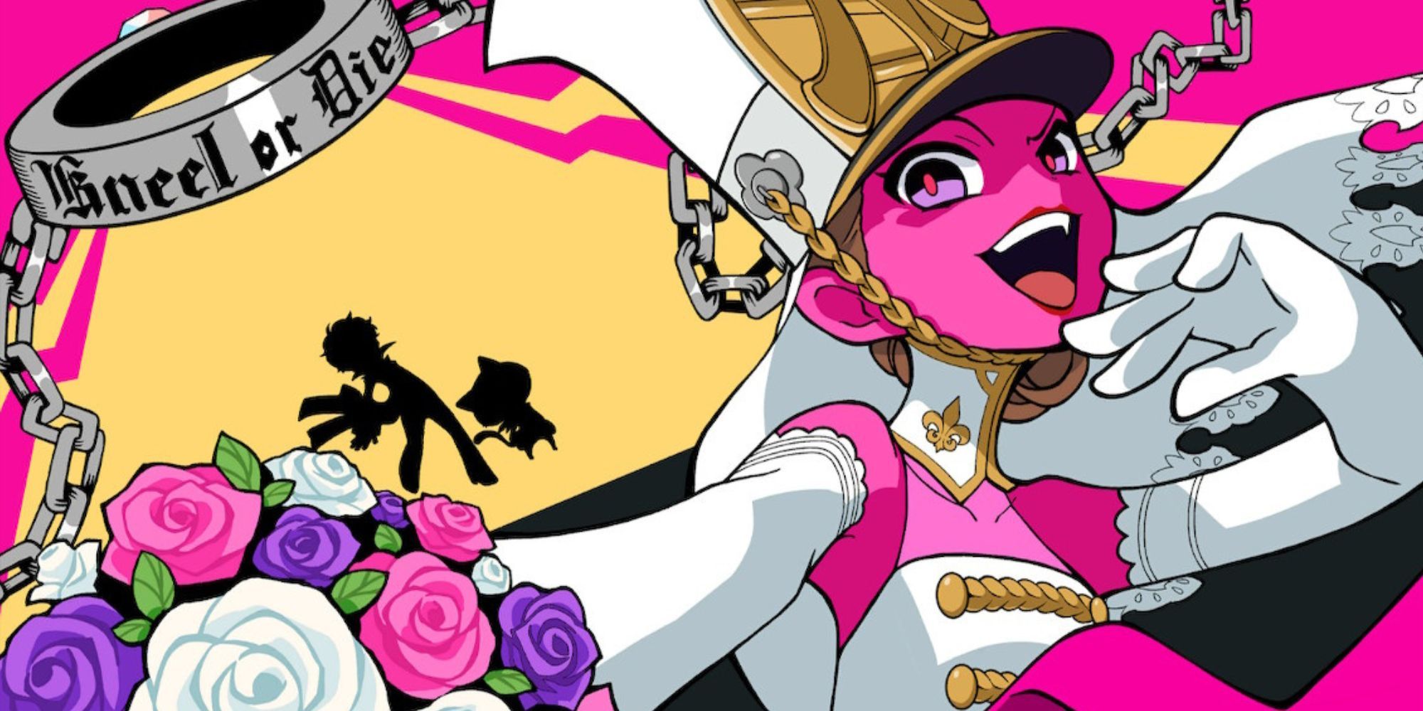 A screenshot of Marie in Persona 5 Tactica, a bride with pink skin laughing and hodling a bouquet