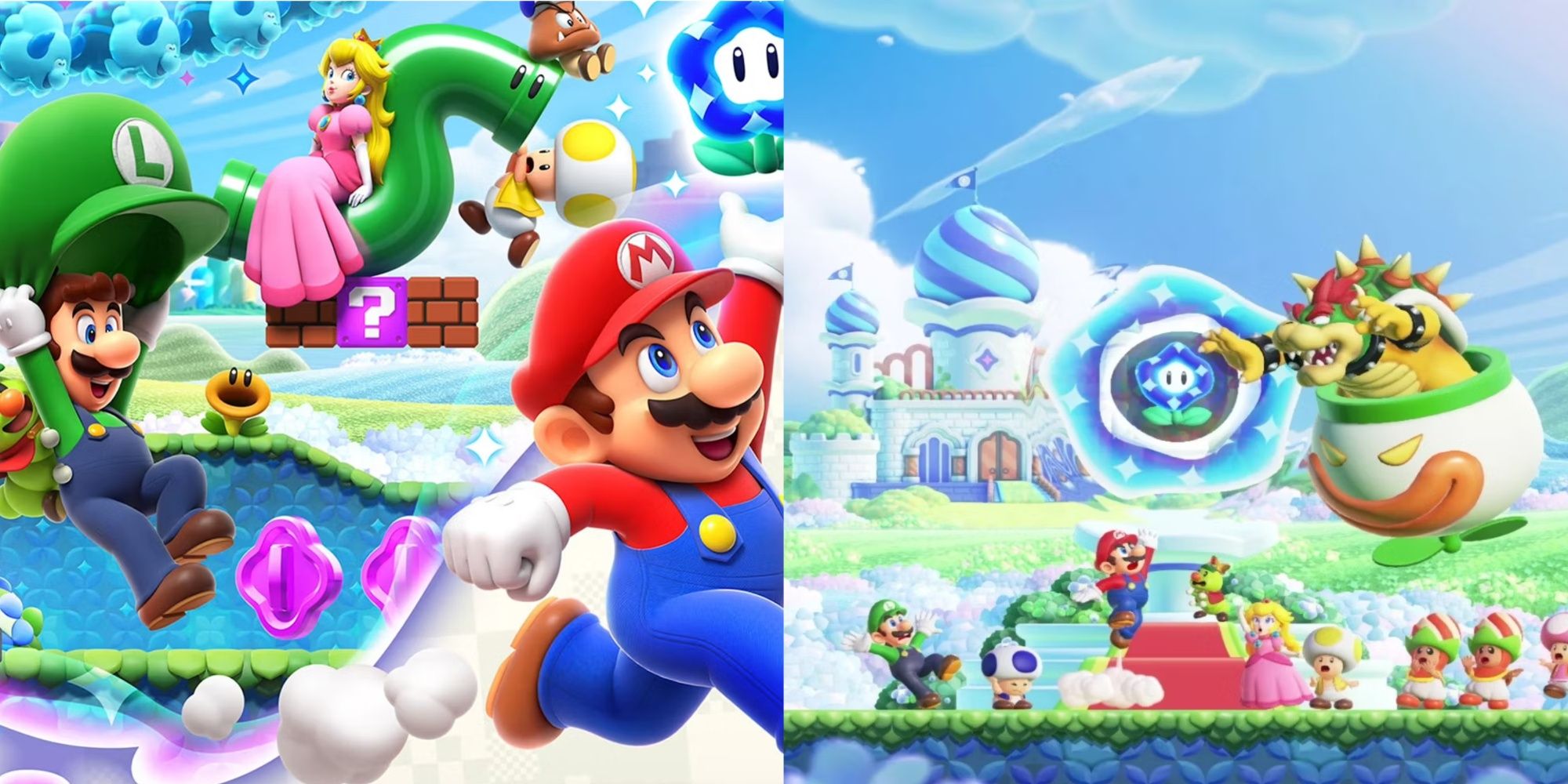Mario and Friends In Mario Wonder on both the cover art and in-game with Bowser and a Wonder Flower