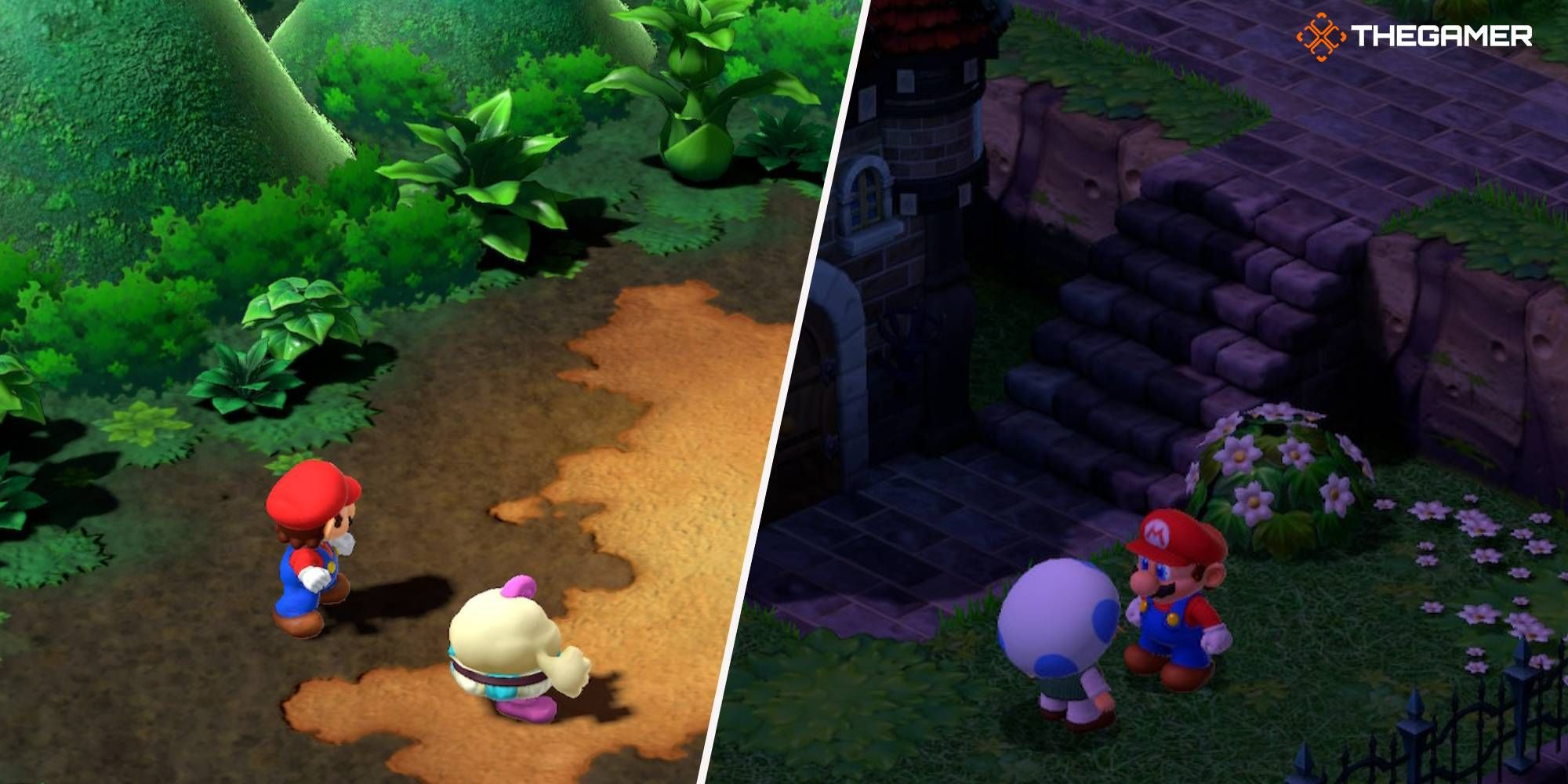 Mario and Mallow standing side by side and Mario talking to a Toad who gives him a Flower Tab in Super Mario RPG