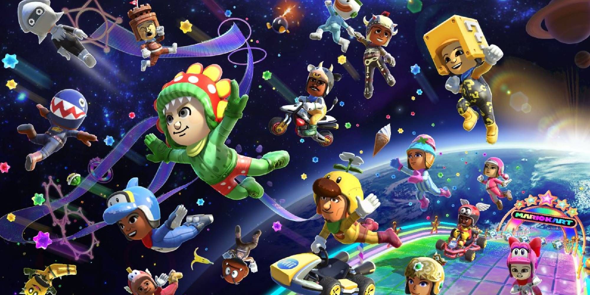 mario kart 8 deluxenew mii costumes promo art different miis floating over rainbow road wii