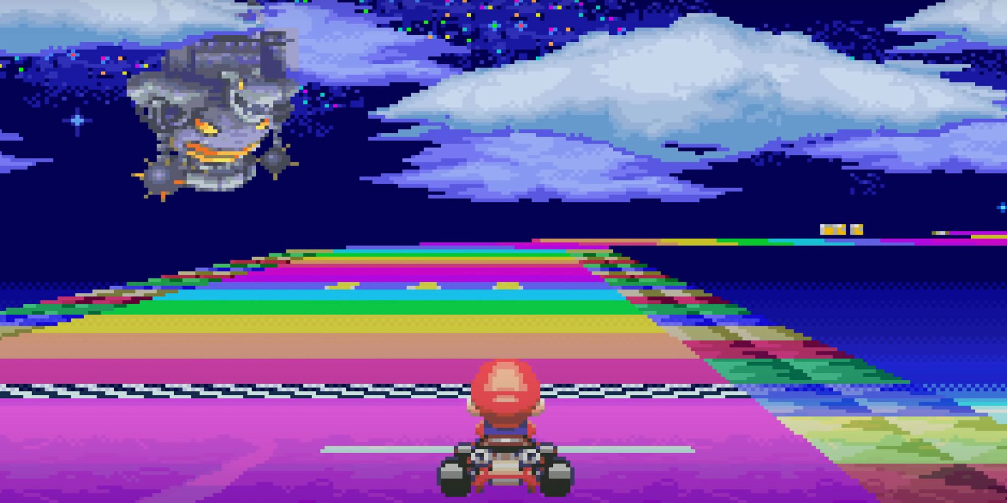 Mario Kart Super Circuit - Mario racing down rainbow road while Bowser's Castle lingers in the background