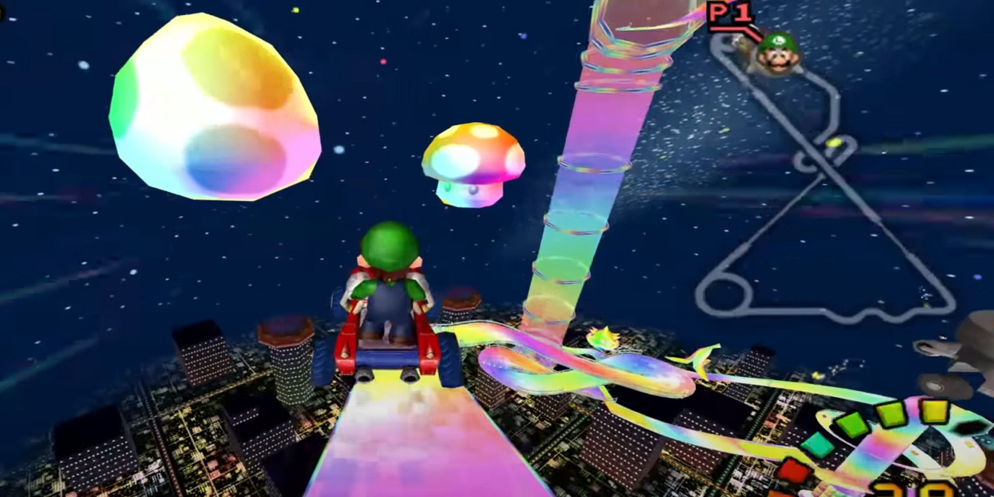 Mario Kart Double Dash - Mario and Luigi racing down Rainbow Road