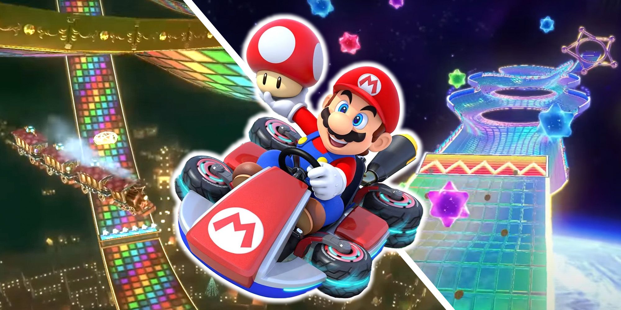 A split image of Rainbow Road N64 and Rainbw Road Wii from Mario Kart 8 Deluxe Booster Course Pass.