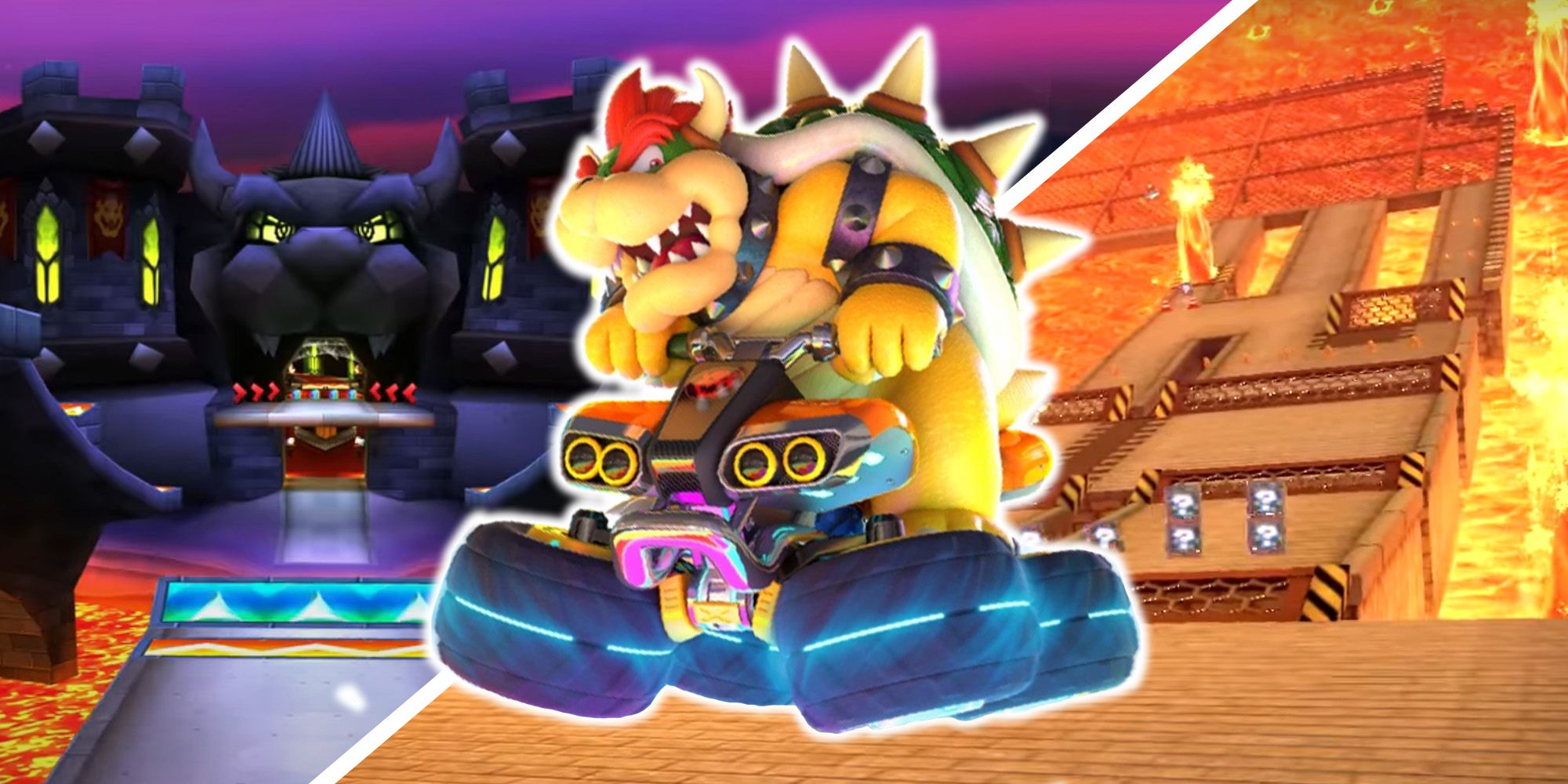 Mario Kart: Every Version Of Bowser's Castle Ranked - Split image of 3DS Bower's Castle and Bowser's Castle 3 from the Mario Kart 8 Deluxe Booster Course Pass