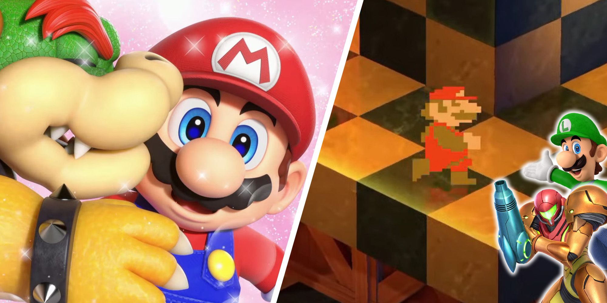 Super Mario RPG Easter Eggs And Hidden Details - Split image of Bowser kissing Mario during Booster's wedding, 8-Bit Mario running through Booster's Tower, and Samus from Metroid next to Luigi
