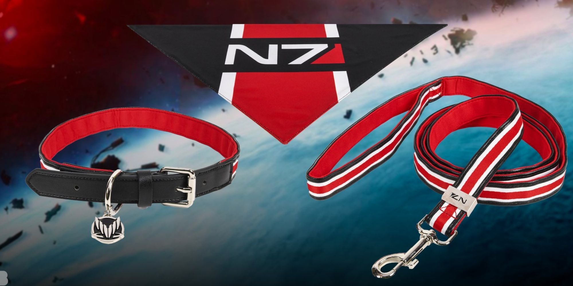 A set including a collar, lead, and bandana, featuring Mass Effect branding