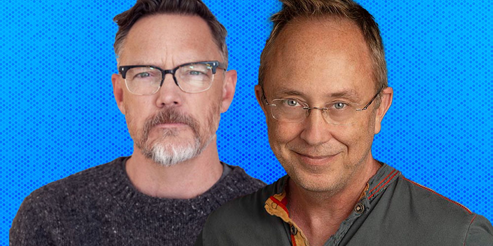 Matthew Lillard and Bill Rehor over a blue background for a Faster Purple Worm Kill Kill interview