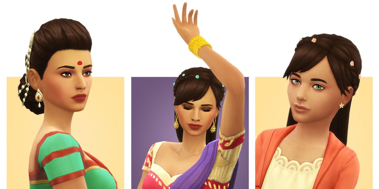 A trio of Sims sporting Diwali hairstyles and accessories.
