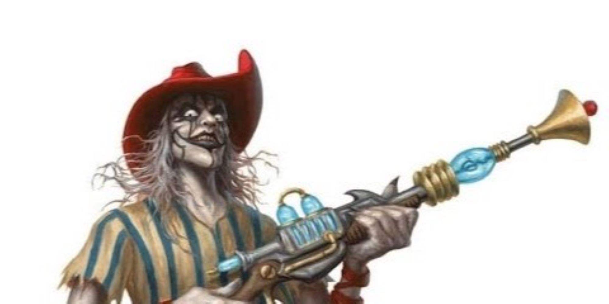 An undead clown grinning while holding a large firearm