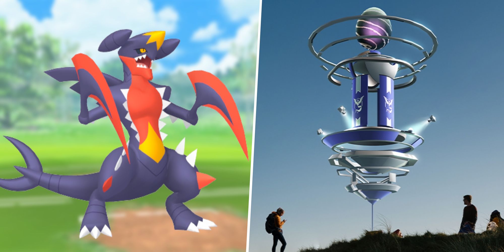 Image of Mega Garchomp split with an image of people around a Pokemon Go Raid