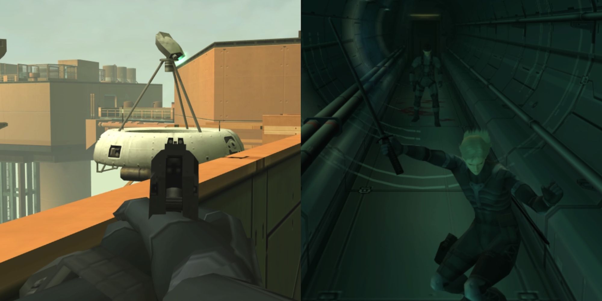 aiming at a security machine and fighting a ninja in a tube in Metal Gear Solid 2