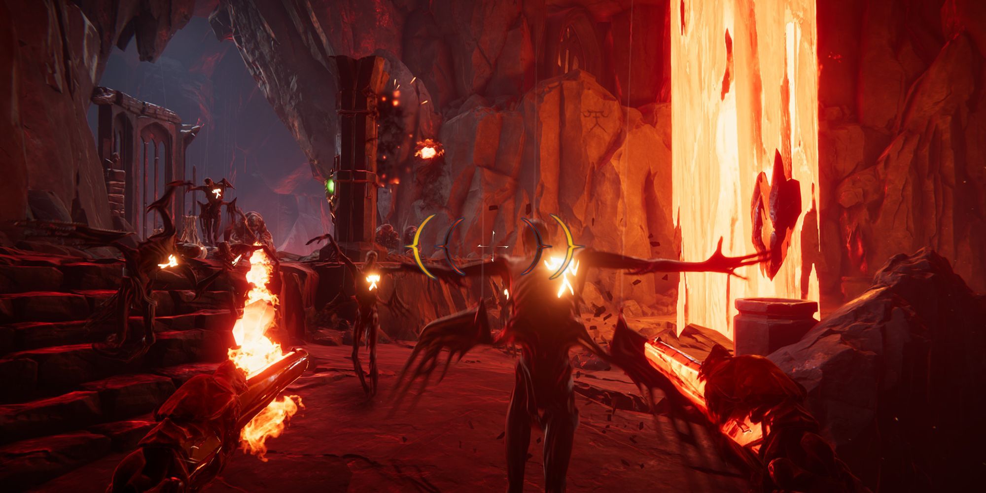 A first-person view of two revolvers being dual-wielded and fired at hellish creatures.