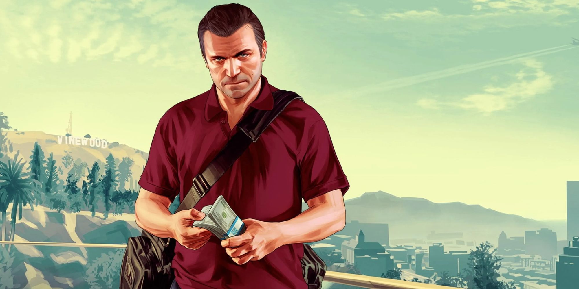 Michael de Santa from GTA 5. He stands in front of a city landscape and has dollar bills in his hand