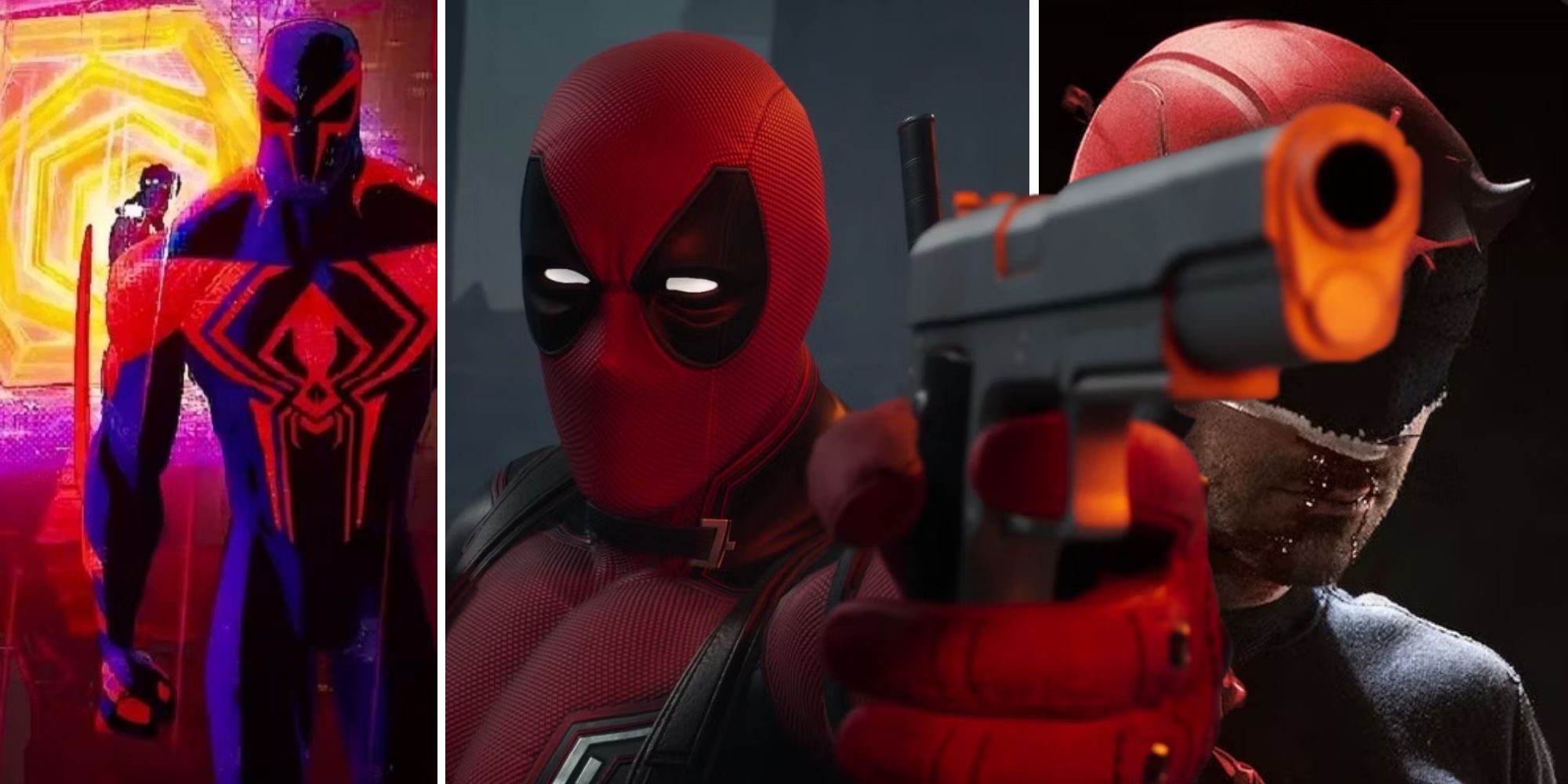 Miguel, Deadpool, and Daredevel in a collage