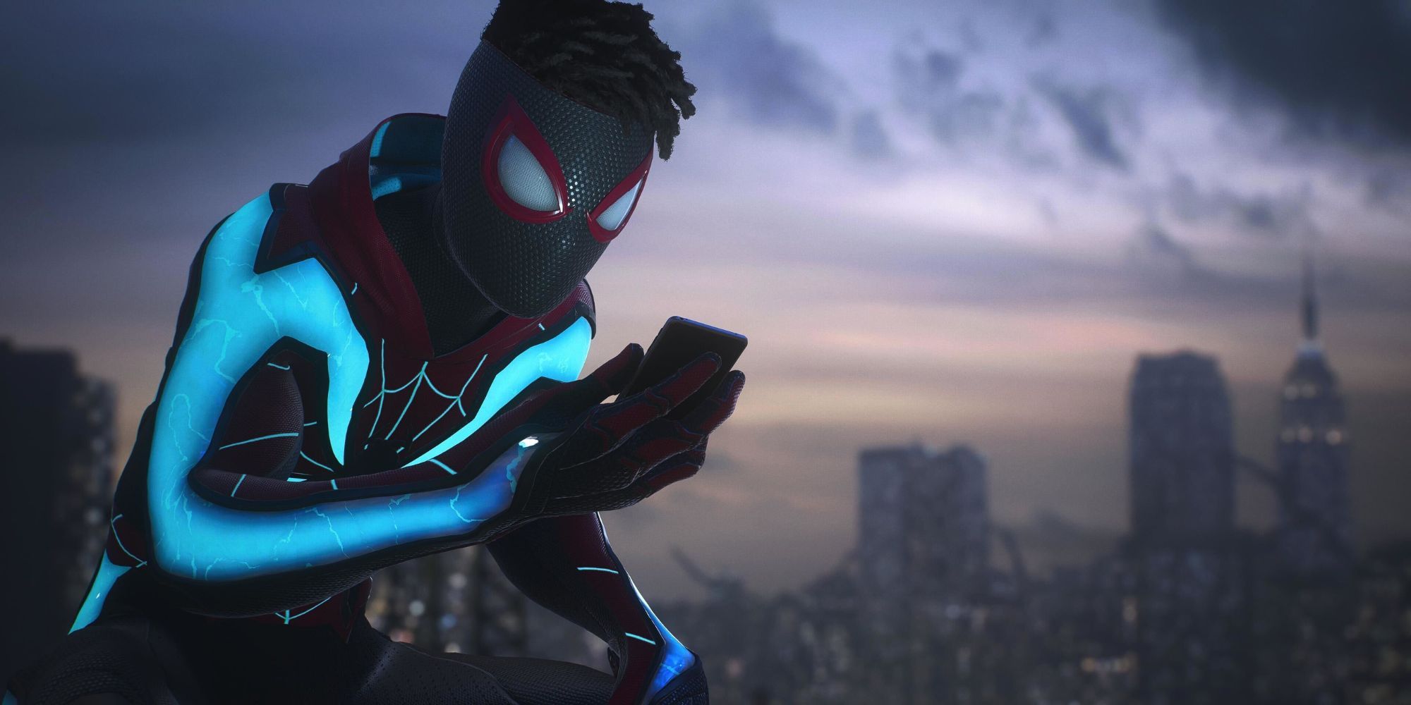 Miles looking at his phone in his infamous endgame Spider-Man 2 suit.