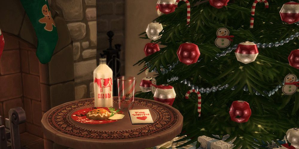 A serving of milk and cookies left out for Santa by the Christmas tree in The Sims 4