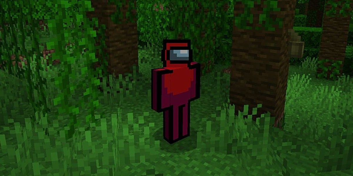 Minecraft Among Us Skin red imposter in woods