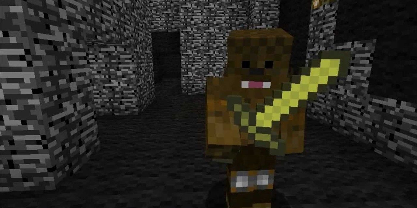 Minecraft Chewbacca Skin with light saber in dungeon