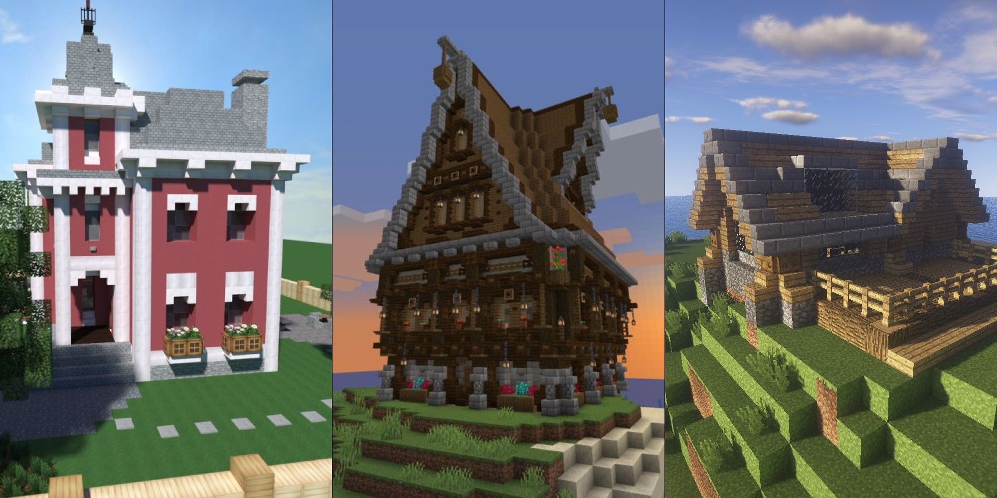 A split image featuring three different Minecraft houses with fancy roofs