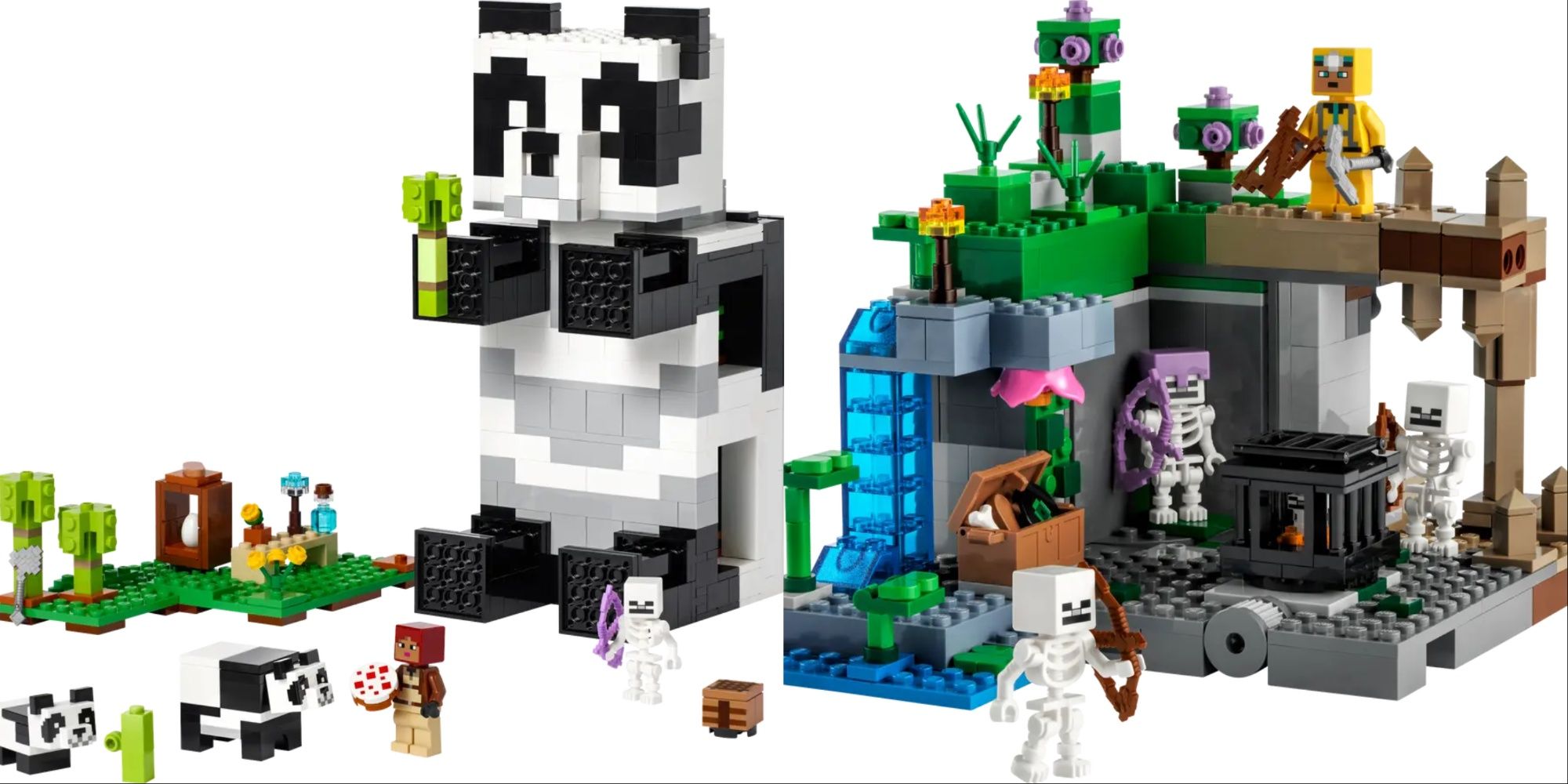 Minecraft Lego Sets Featured Split Image Panda Haven and Skeleton Dungeon
