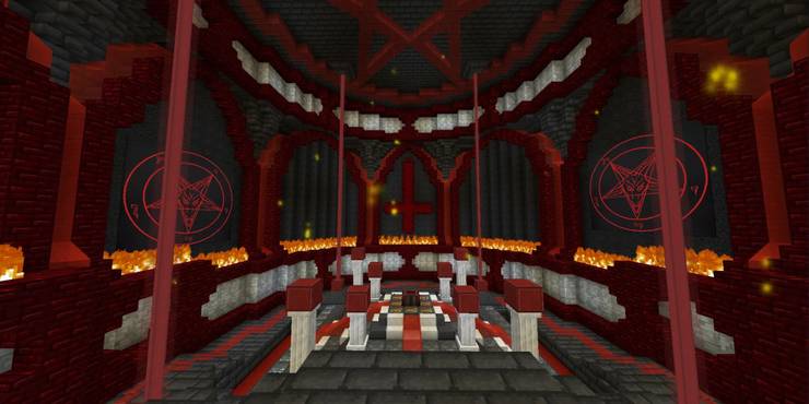 A demonic looking, primarily red, black, and white temple with pentagrams and an altar in the center.