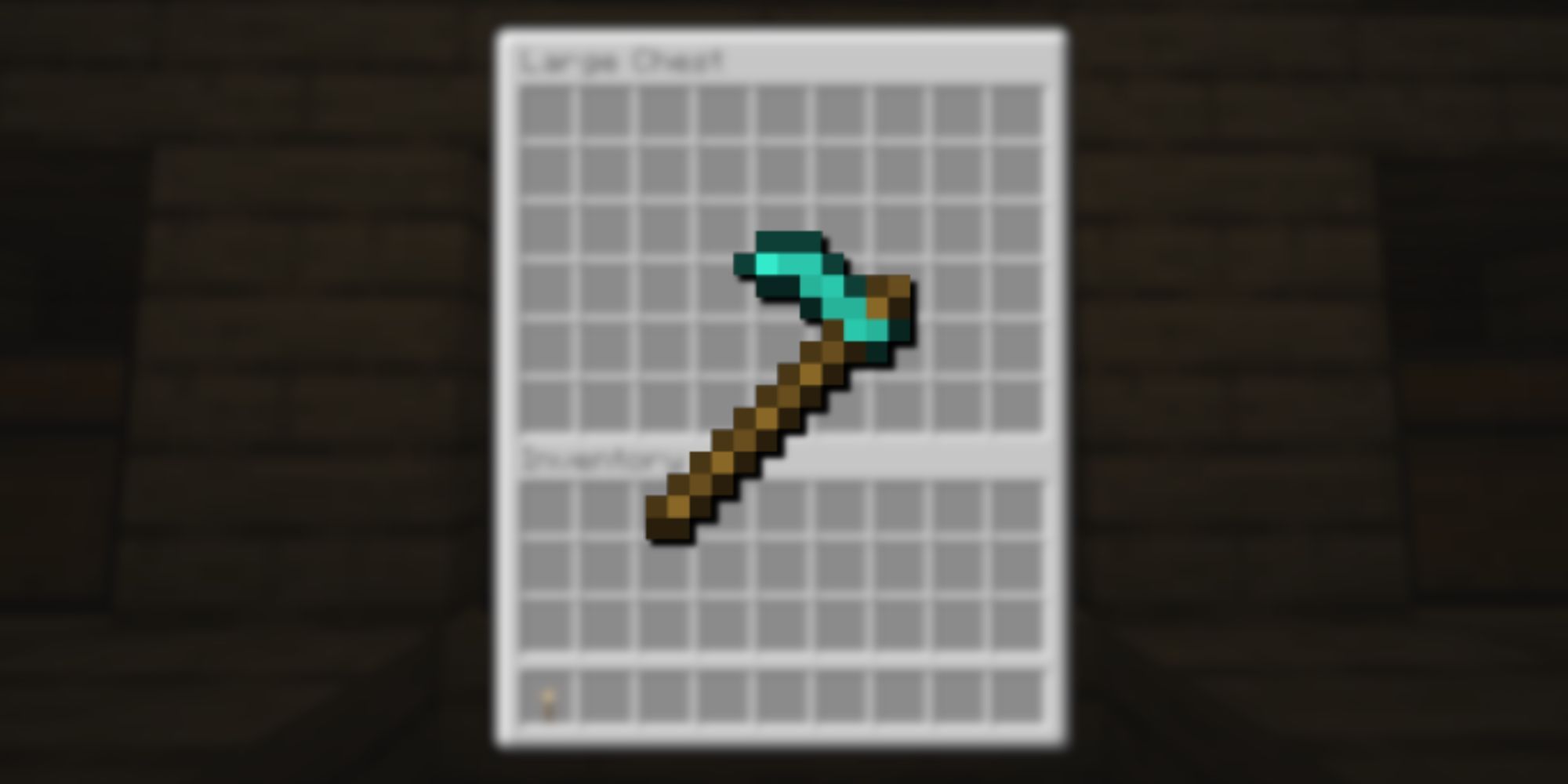 A bright blue Diamond Hoe with a brown wooden shaft from Minecraft overlayed over a blurred chest inventory.