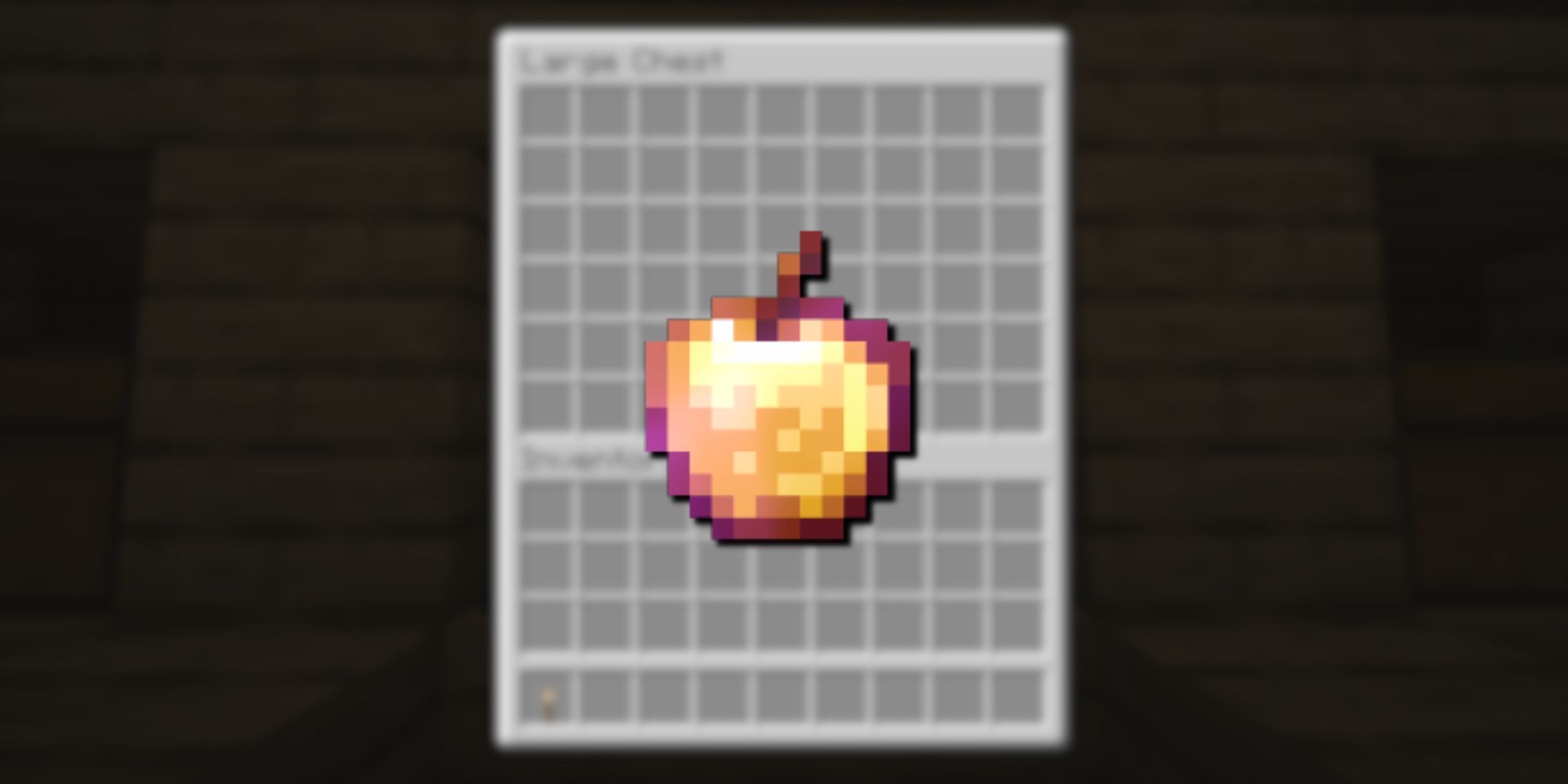 An enchanted golden apple from Minecraft with a purple hue overlayed over a blurred chest inventory.