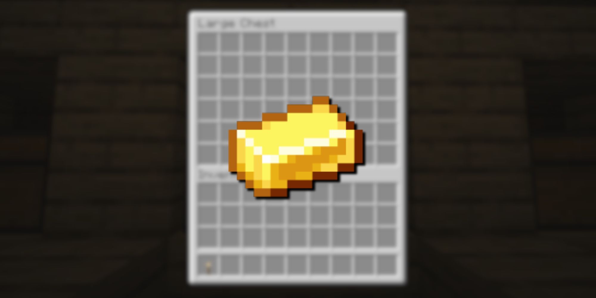 A shiny, gold ingot from Minecraft with white accents overlayed over a blurred chest inventory.