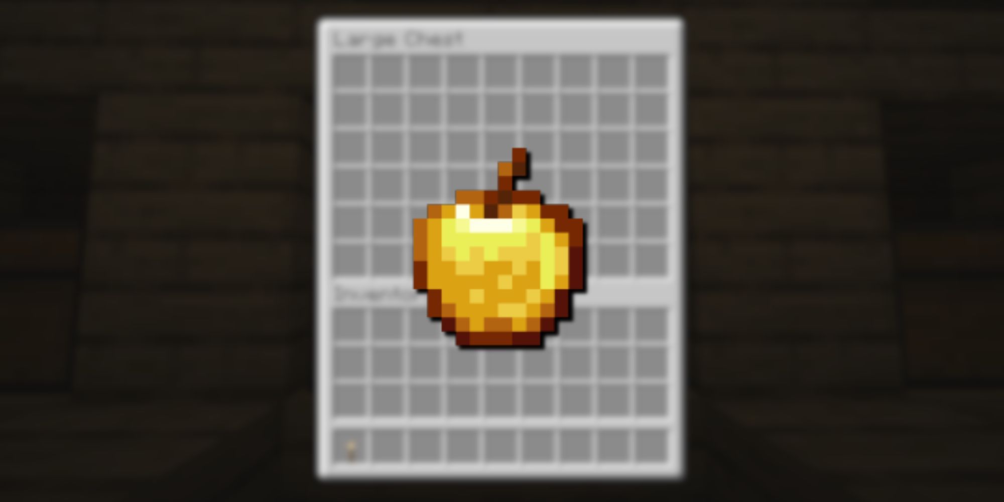 A shiny golden apple from Minecraft overlayed over a blurred chest inventory.