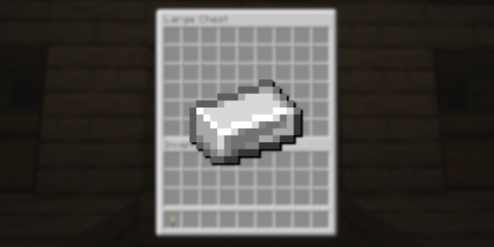 A shiny, grey and white iron ingot from Minecraft overlayed over a blurred chest inventory.