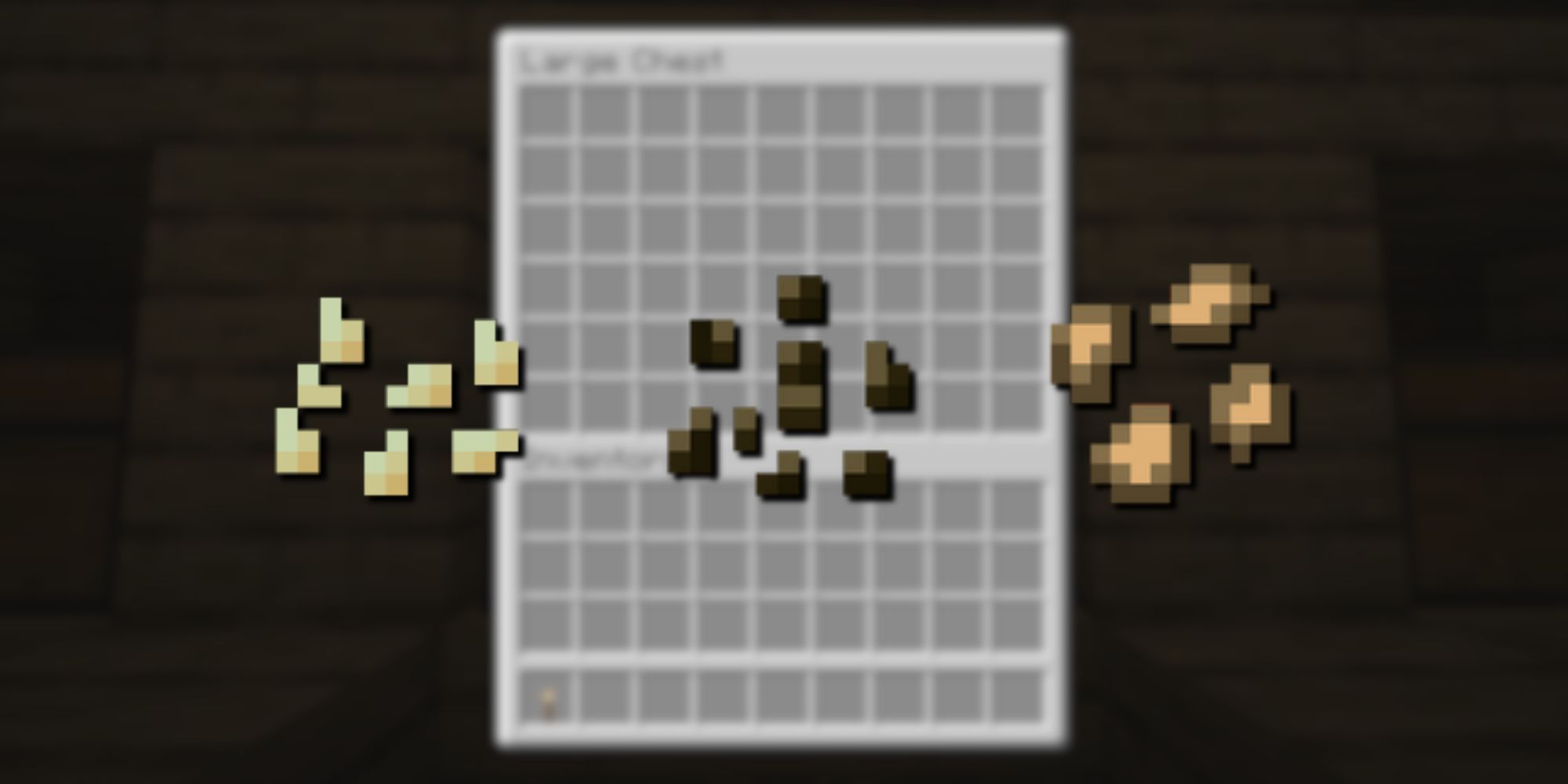 White pumpkin seeds, dark melon seeds, and beige beetroot seeds overlayed over a blurred chest inventory.