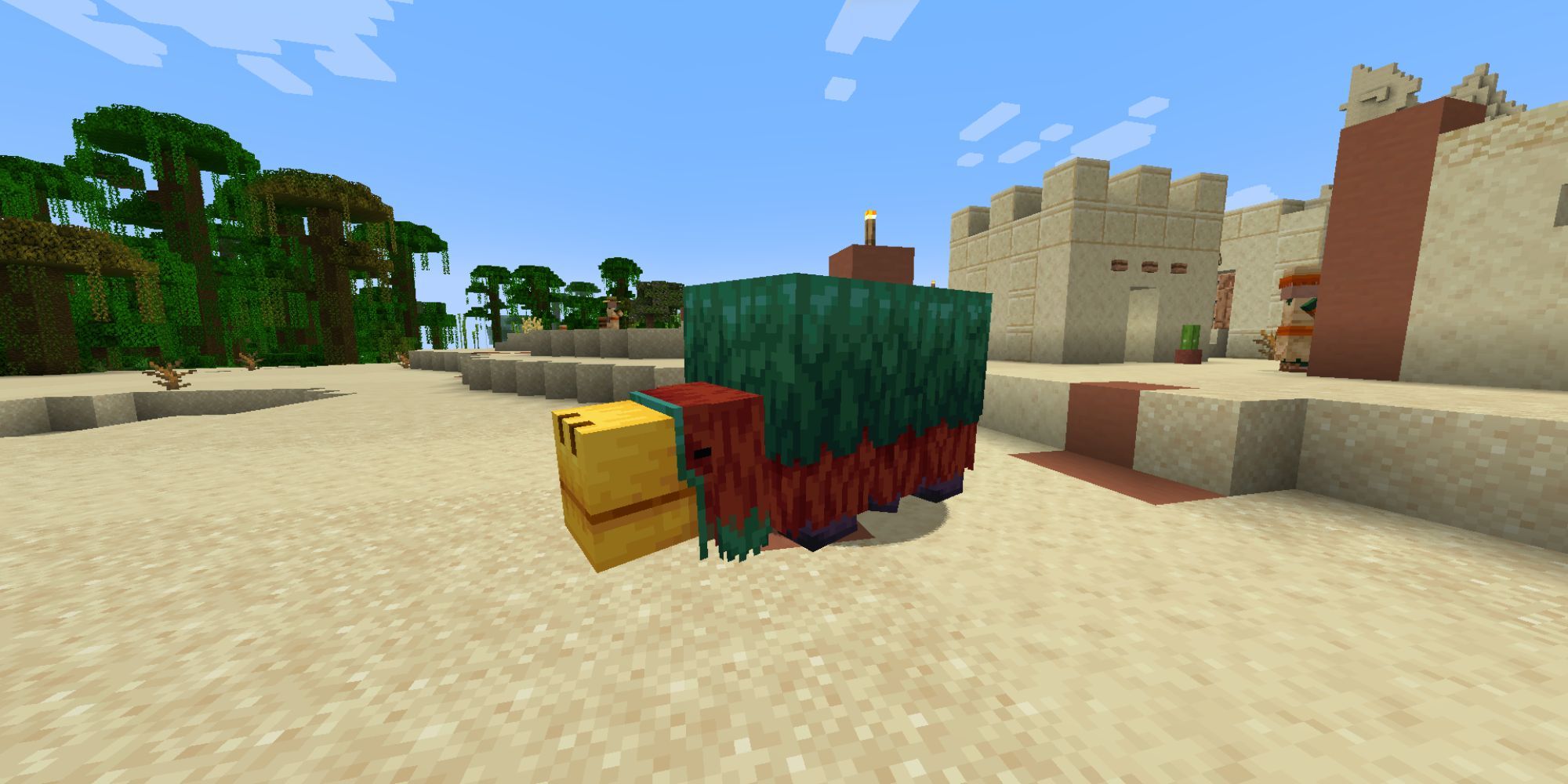 A Sniffer with red and green fur, and a gold snout walking through a desert village.