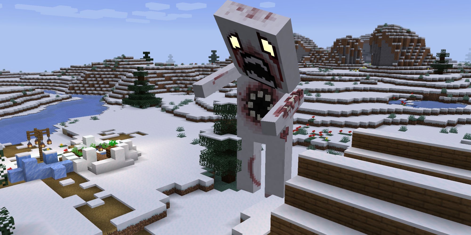 An incredibly tall, bloodied humanoid with white skin and two different mouths towers over a snowy village.