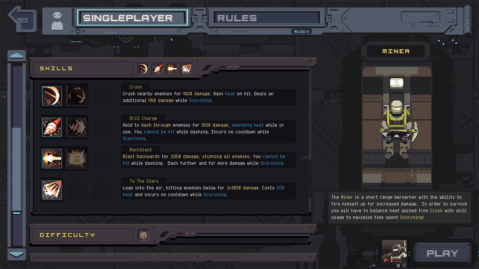 miner skill descriptions on character select menu