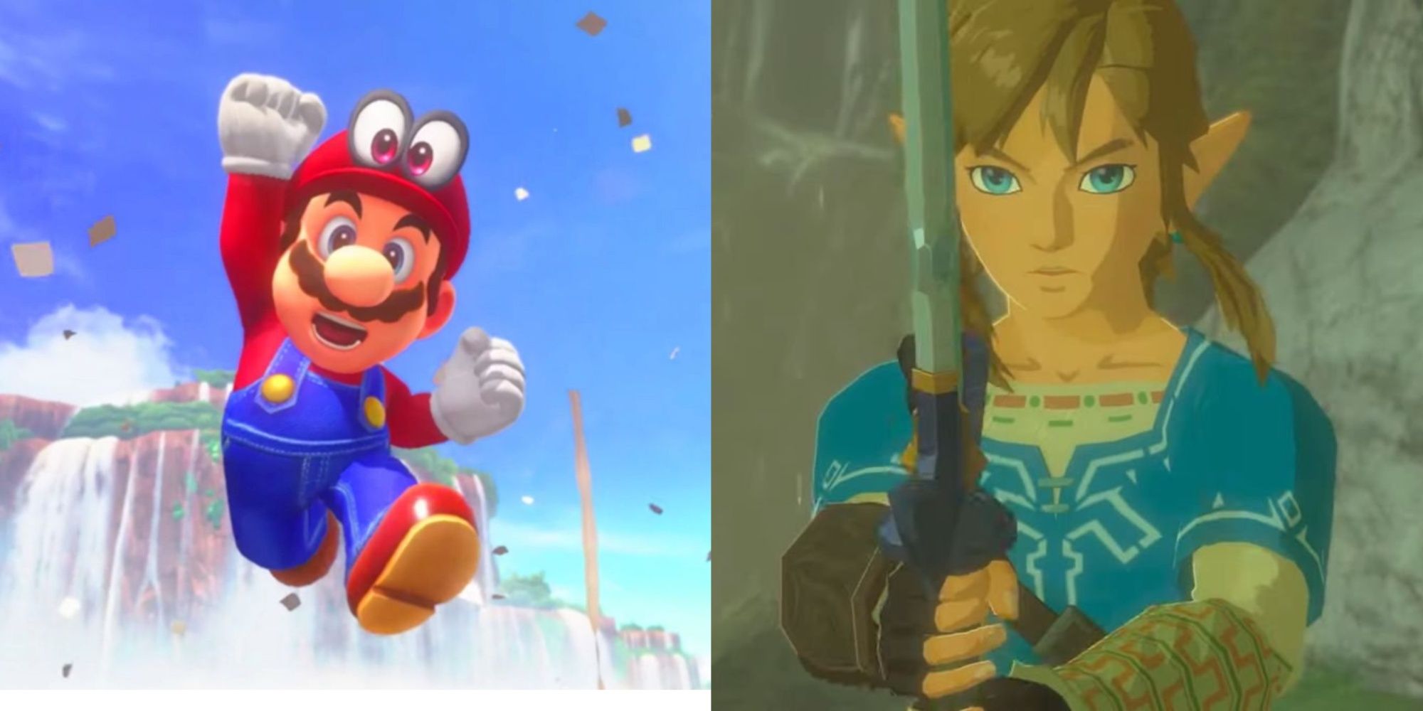 mario jumping in super mario odsyssey, and link holding the master sword in breath of the wild