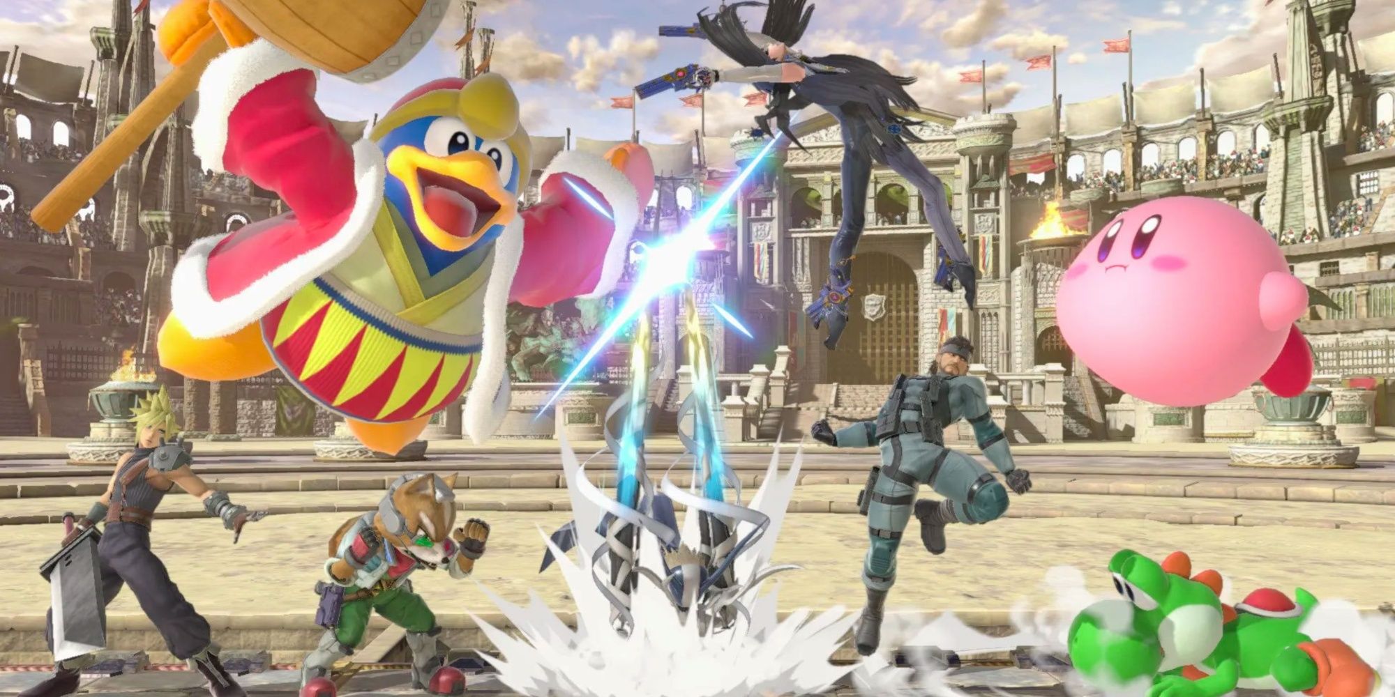 king dedede, kirby, and other characters fighting in super smash bros ultimate