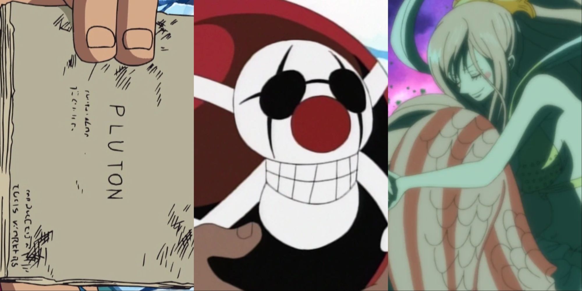 Collage of the Pluton blueprints, a Buggy Ball and Shirahoshi from One Piece.