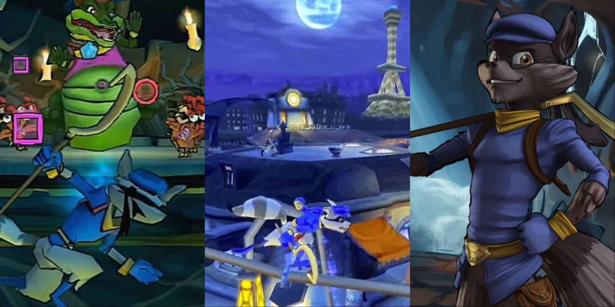 A collage showing gameplay of three different Sly Cooper titles.