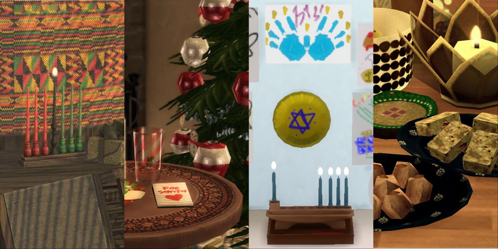From left to right: snapshot of a Kwanzaa dining set, milk and cookies left out for Santa, a selection of Hanukkah crafts, and a table seet with sweets for Diwali